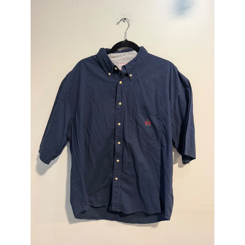 Bugle Boy Company Mens XXL Navy Blue Cotton Short Sleeve Crest Button Down Shirt